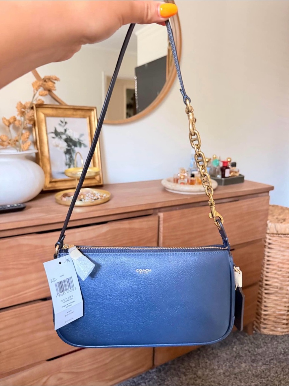 Coach Navy Blue Leather bag with Gold Chain extender